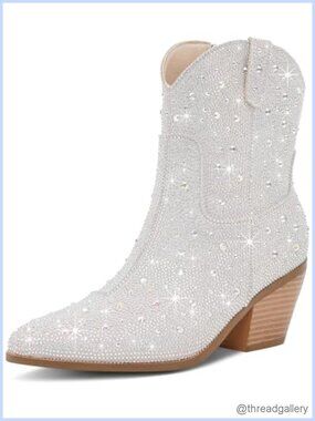 Rhinestone Cowboy Ankle Boots Polyurethane Sparkly Western Booties Zip
